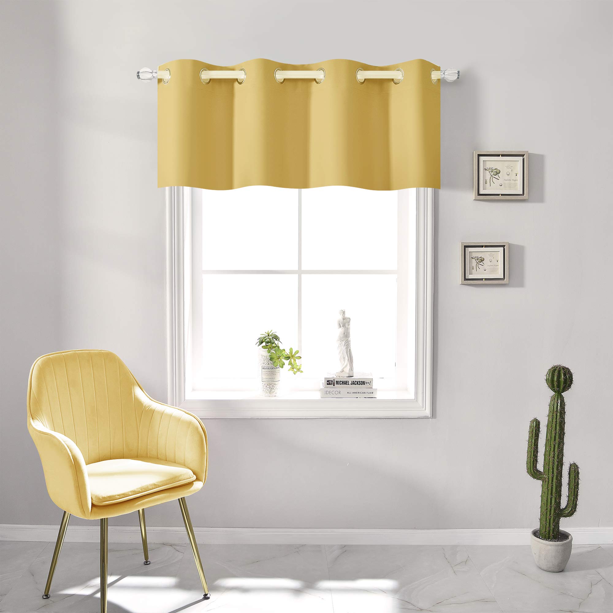 RAIN CITY Gold Yellow Blackout Window Valance - 18 Inch Length, Thermal Insulated Grommet Top Curtain Panel (52x18 Inch) for Bedroom & Bathroom - Perfect for Small Windows, Light Blocking & Energy Saving