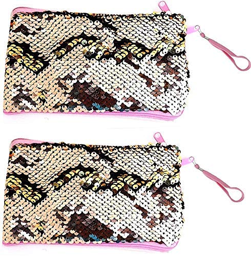 Ekan 2PCS Glitter Sequin Makeup Bag - Reversible Double Color Cosmetic Pouch for Women & Girls - Perfect for Travel, Gym, and Everyday Use (Pack of 1)