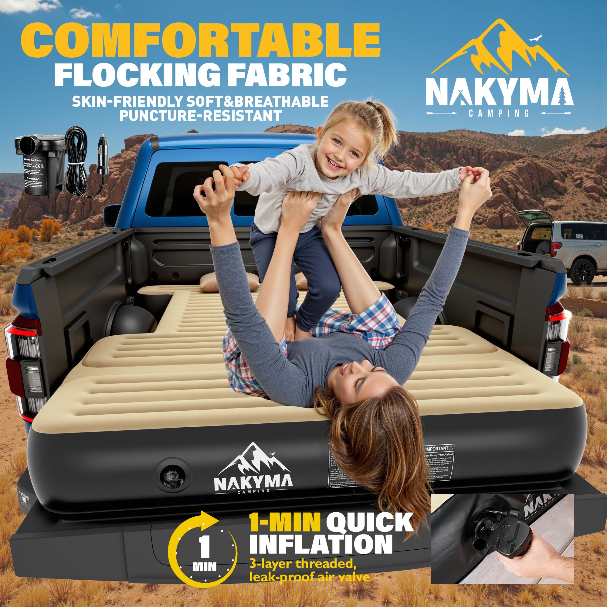 Upgraded Truck Bed Air Mattress for 5.5-5.8Ft Pickup Trucks - Full Size Inflatable Mattress with Extension Air Pump & 2 Pillows - Portable Carry Bag for Camping, Road Trips & Outdoor Adventures