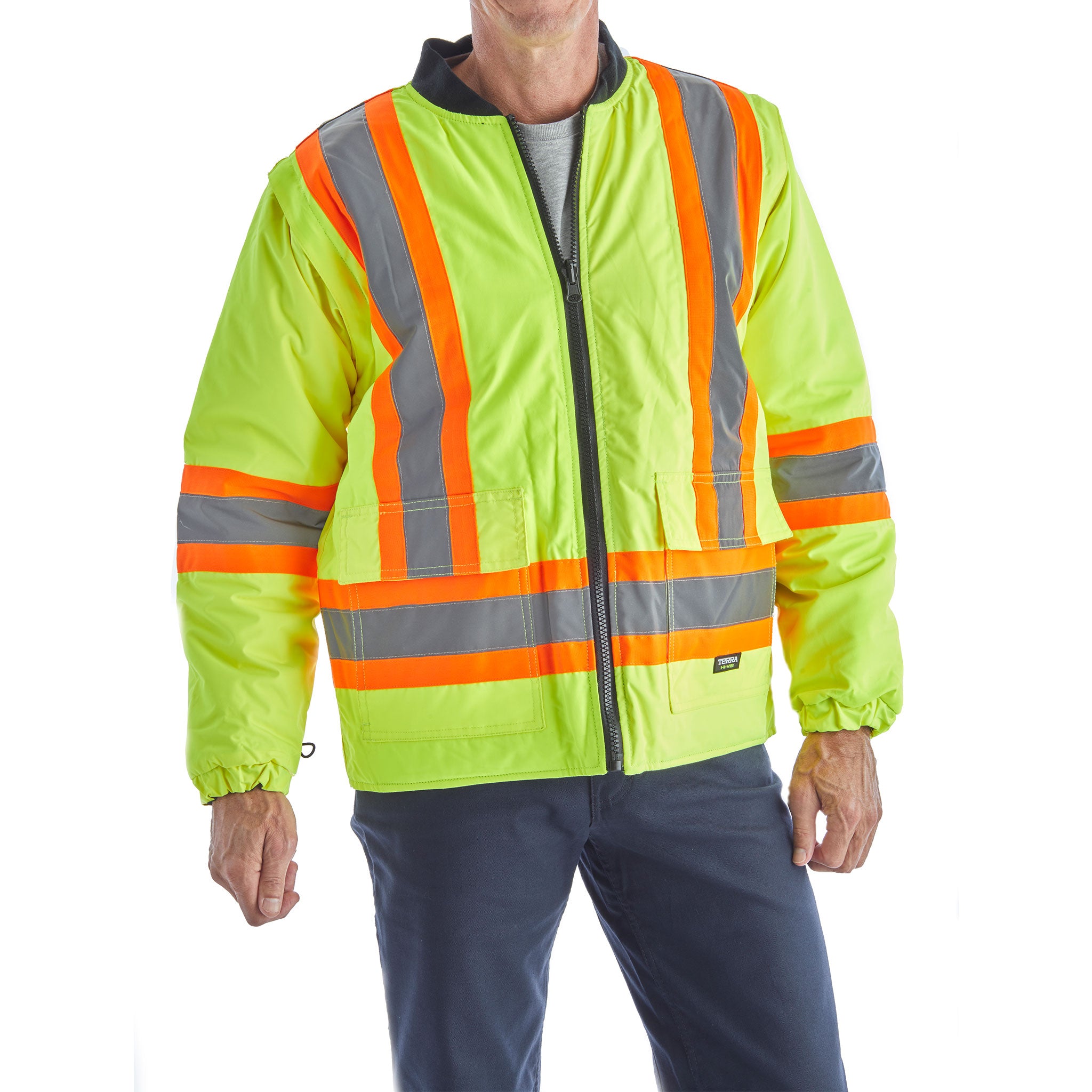 Terra Men's High Visibility 6-in-1 System Work Bomber Jacket - ANSI Certified Reflective Safety Jacket for Construction, Road Work & Outdoor Jobs - Yellow (Model 116562)