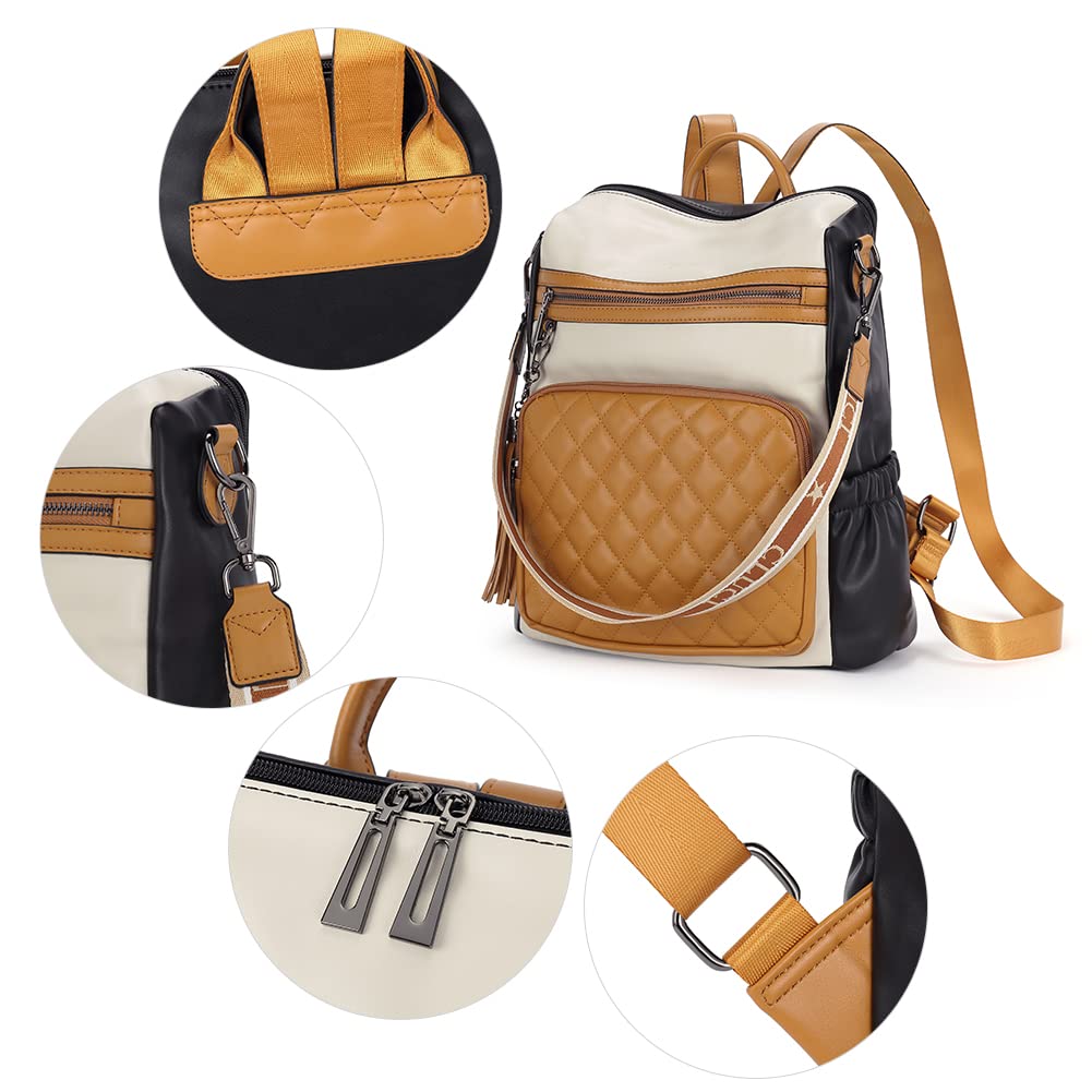 CLUCI Leather Backpack Purse for Women - Fashion Travel Shoulder Bag with Tassel (Yellow/White) for Work & Weekend