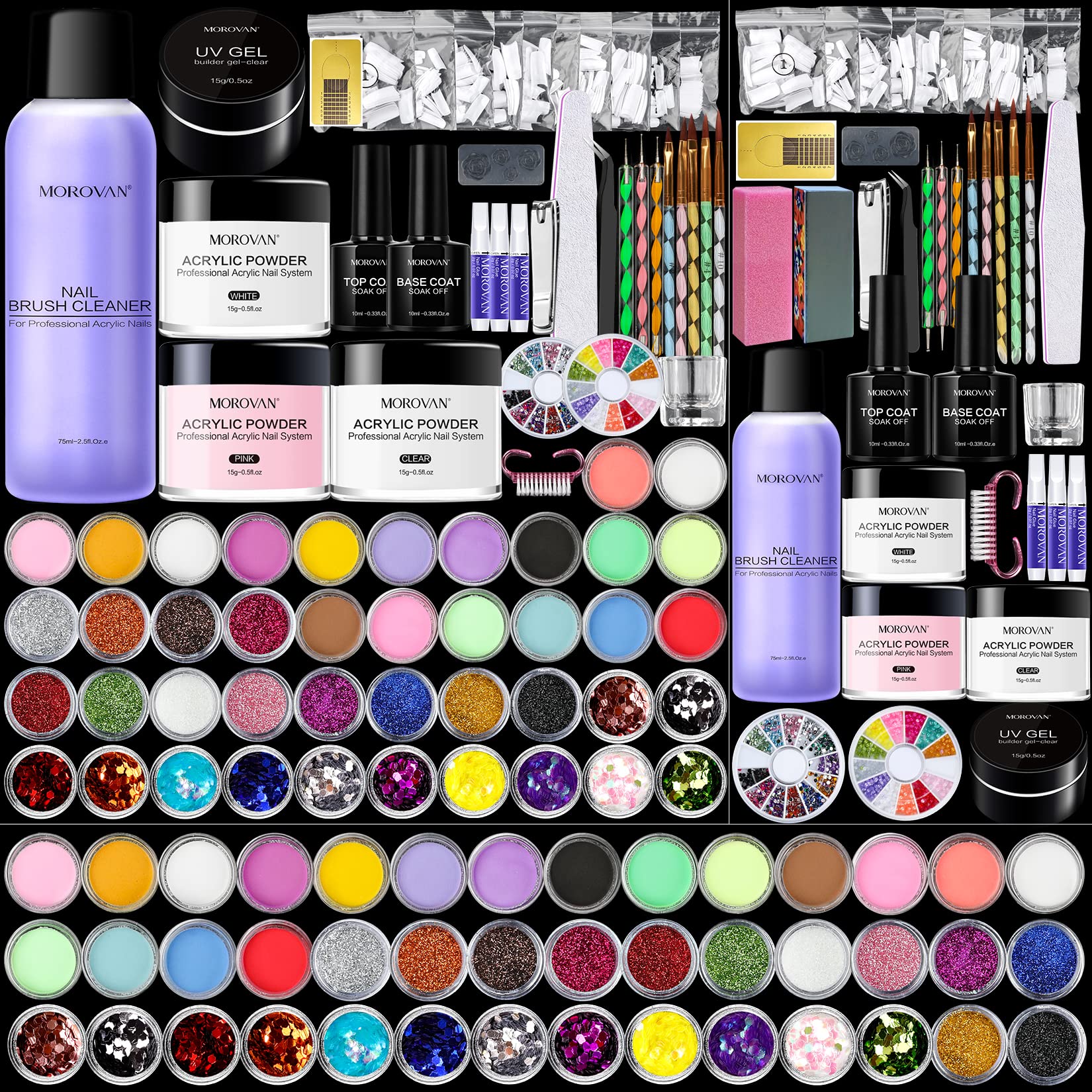 Morovan Professional Acrylic Nail Kit with 3 Base Colors & 42 Colored Acrylic Powders - Complete Starter Set Includes Nail Brush, Tips & Art Supplies for DIY Nail Extensions | Perfect for Beginners, Home Salon & Professional Use (Clear, White, Pink)