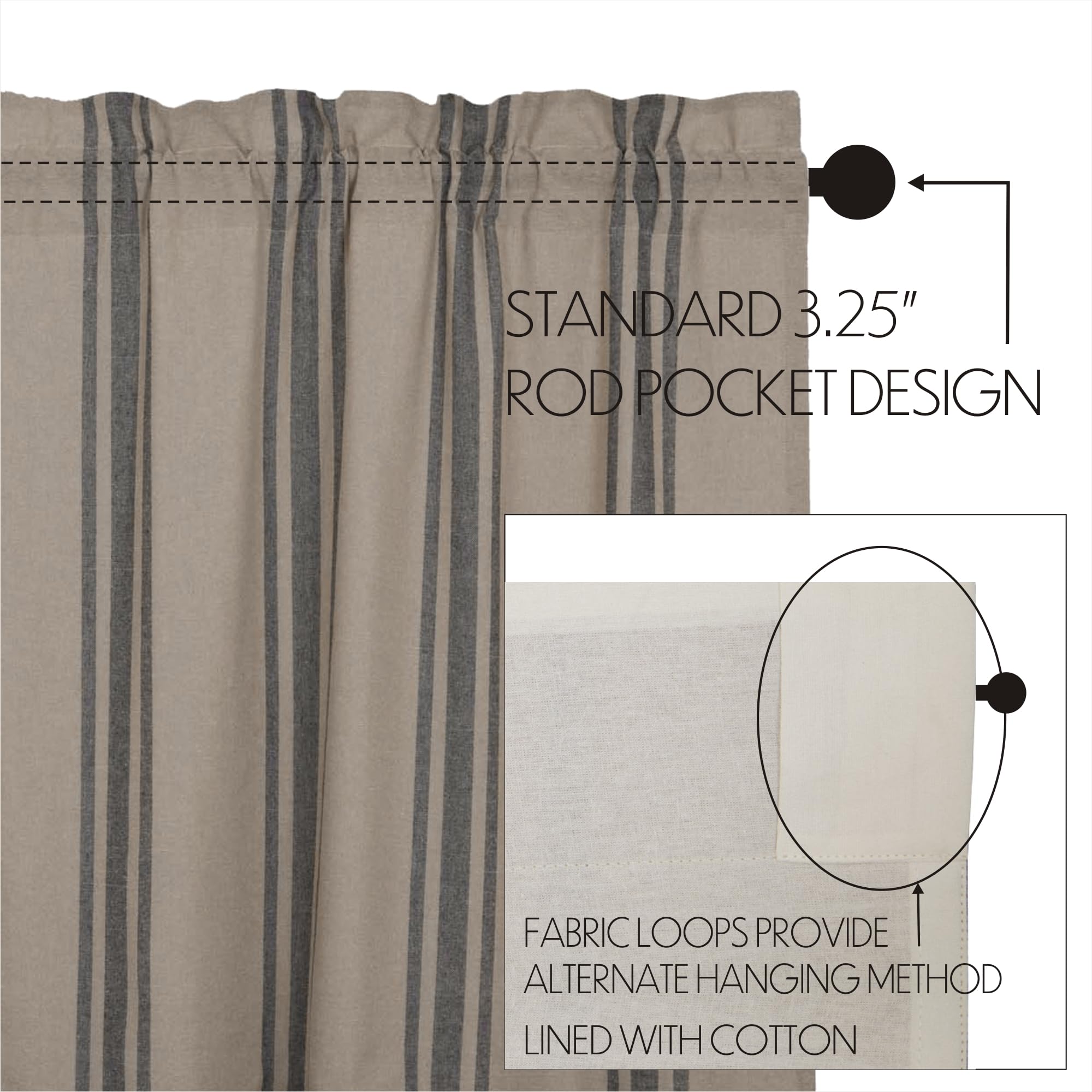 VHC Brands Farmhouse Kitchen Curtain Set - Grain Sack Charcoal Black Stripe Tier Curtains 24x37 for Rustic Country Style Windows & Cozy Home Decor