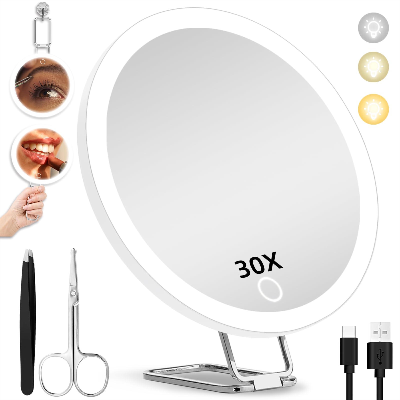 30X Magnifying Mirror with LED Light - 6'' Large Makeup Mirror for Travel & Home Use - High Magnification Compact Mirror with Adjustable Stand & 3 Suction Cups - Perfect for Makeup Application, Skincare Routine, and Detailed Grooming