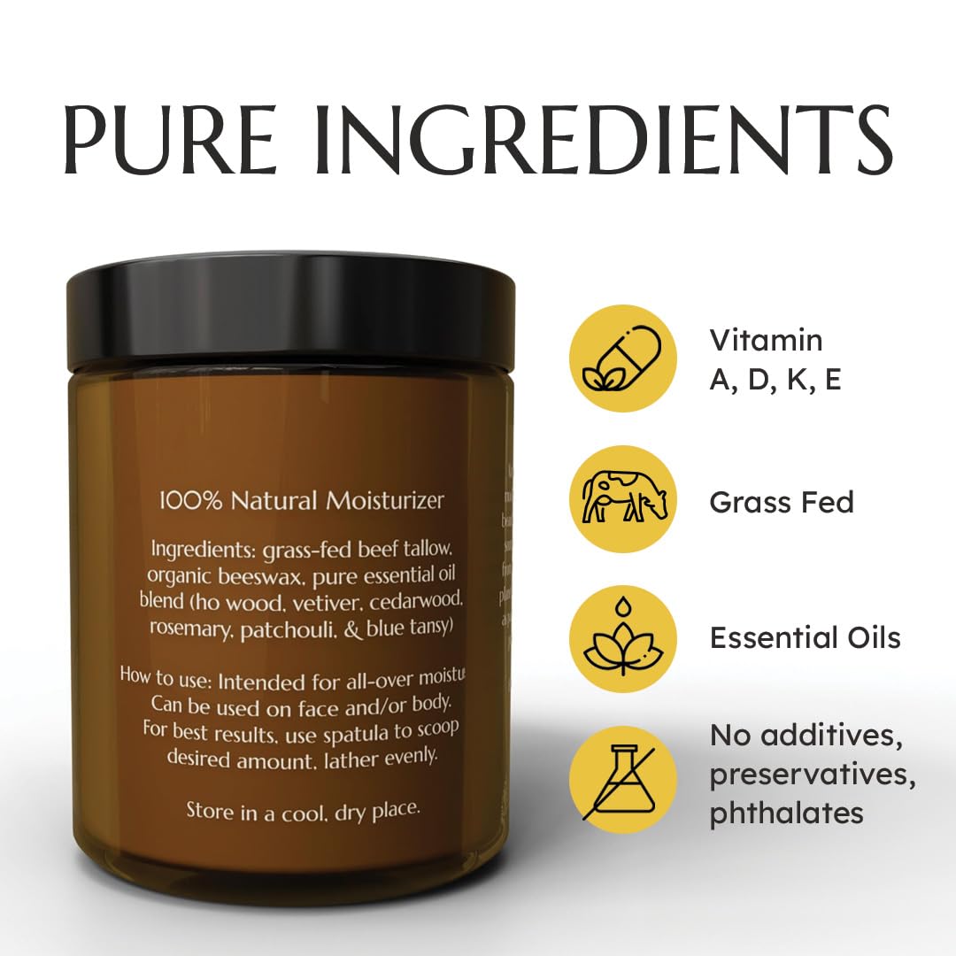 All-Natural Grass-Fed Beef Tallow Body Balm with Essential Oils | 6oz Moisturizer for Dry, Sensitive Skin | Phthalate-Free, Preservative-Free Skincare | Perfect for Eczema, Psoriasis & Daily Hydration
