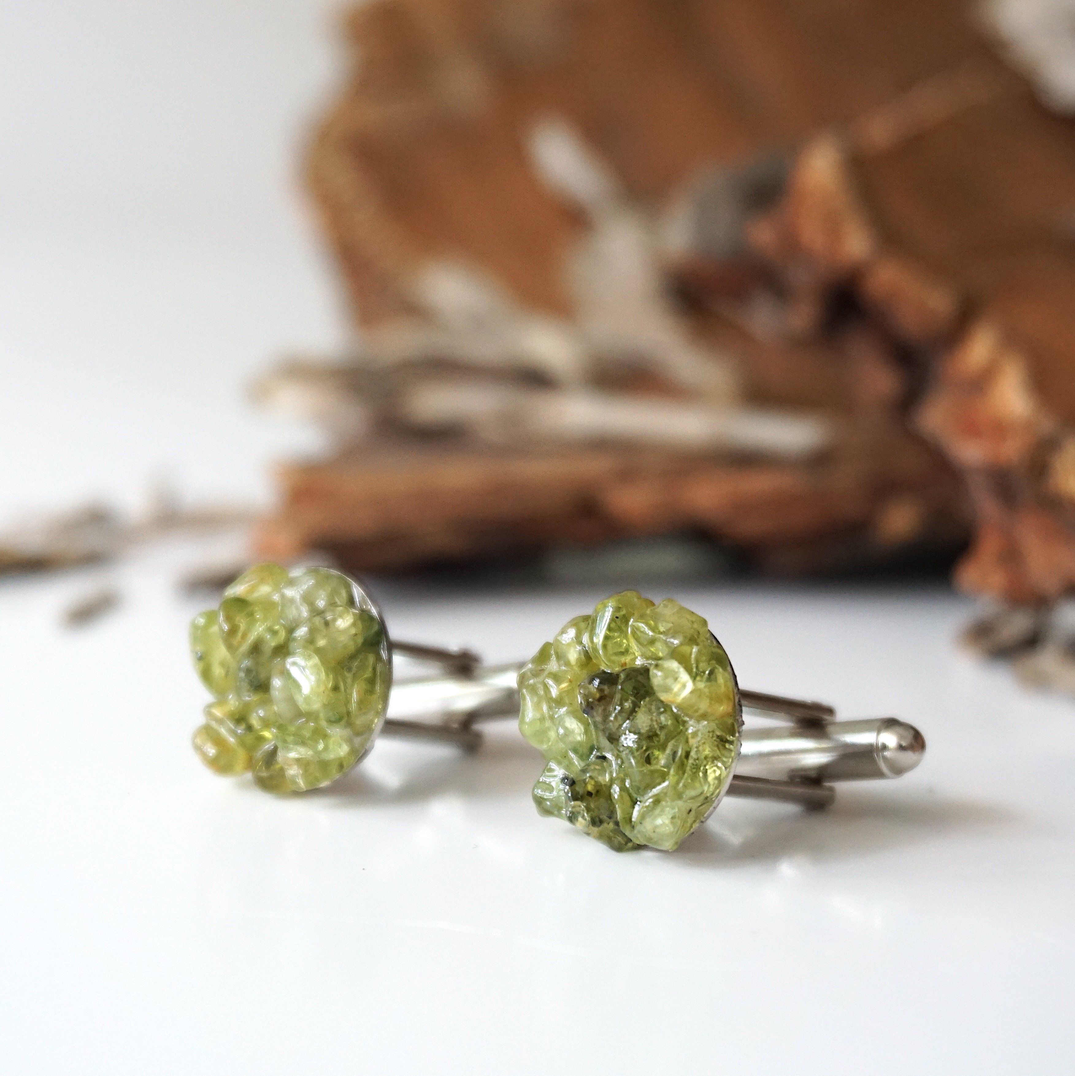 Peridot Cufflinks for Men - White Gold Plated Brass Dress Accessories - Perfect for Weddings, Business Meetings & Formal Occasions