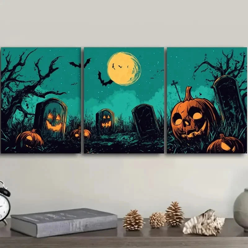 3-Piece Ghost Graveyard Art Deco Metal Wall Art Prints - Classic Halloween Decor for Home, Office & Haunted House - Ready to Hang Gallery Set