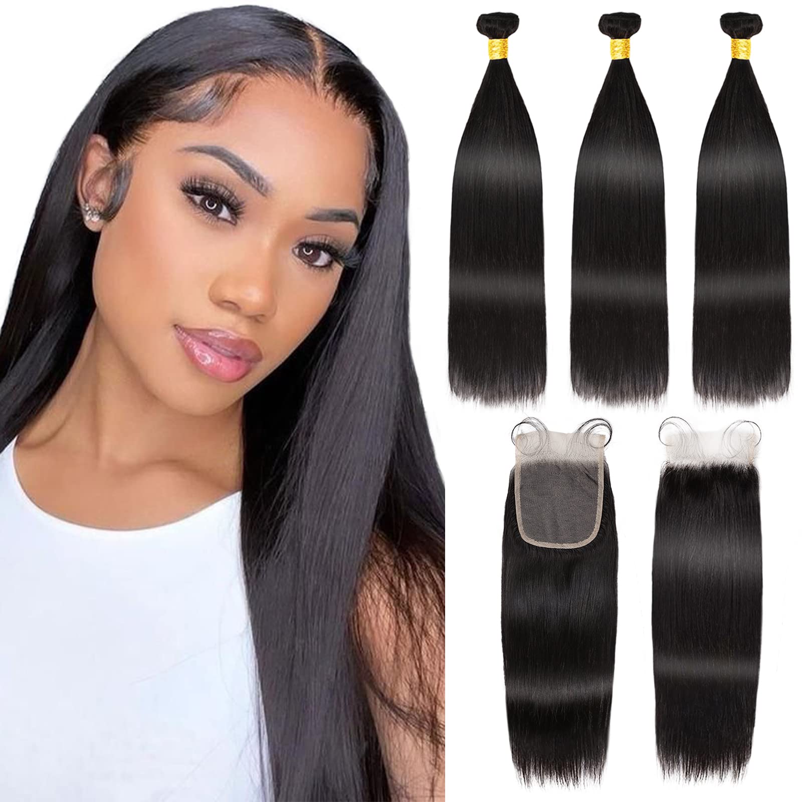 3 Bundles Brazilian Straight Human Hair with Lace Closure (20 22 24+18 Inches) 100% Unprocessed Remy Virgin Hair Weave - 4x4 Free Part, Double Weft, Black Natural Color | Perfect for Protective Styles, Wig Making & Everyday Wear