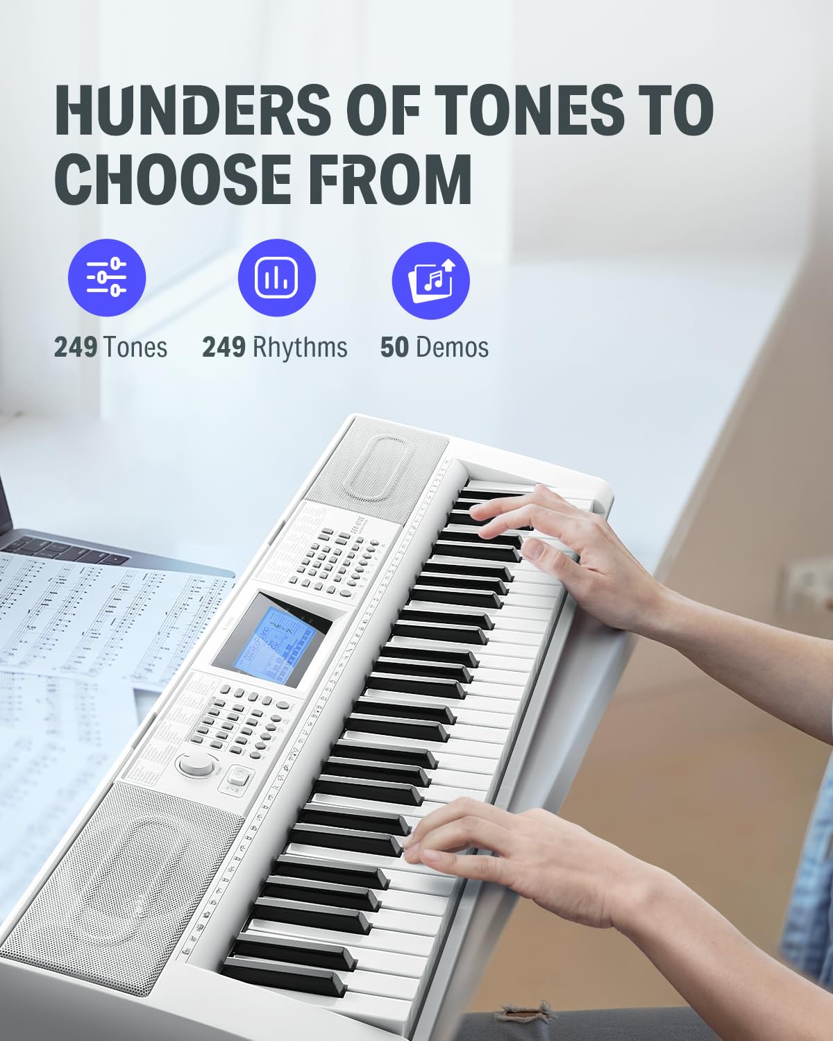 Donner 61-Key Digital Piano Keyboard with 249 Voices & Rhythms - Complete Electric Keyboard Kit Includes Stand, Stool, Microphone - Perfect for Beginners & Home Music Practice (DEK-610S, White) - Ideal for Piano Learning, Music Composition & Family Entertainment