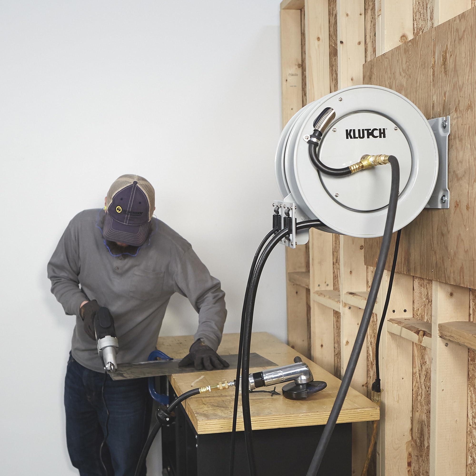 Klutch Combo Air and Electric Hose Reel - Heavy Duty Retractable Hose Storage for Garage, Workshop & Outdoor Use