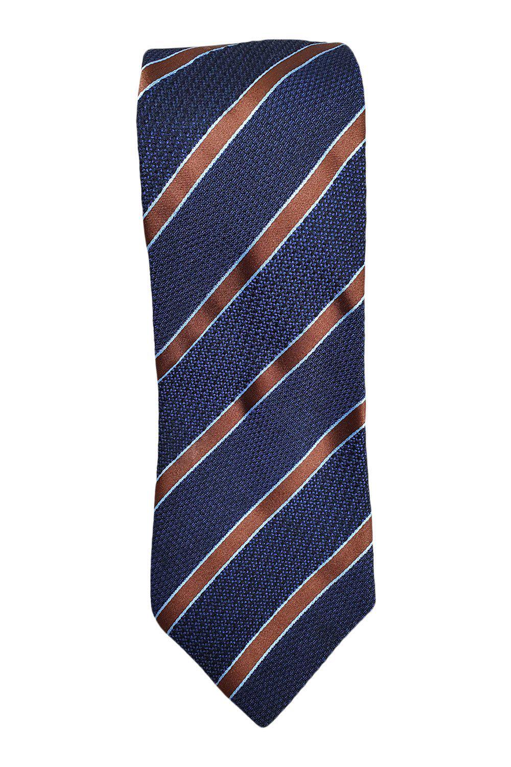 LOEWE 100% Silk Men's Necktie - Dark Blue with Bronze & Light Blue Stripes Pattern (60