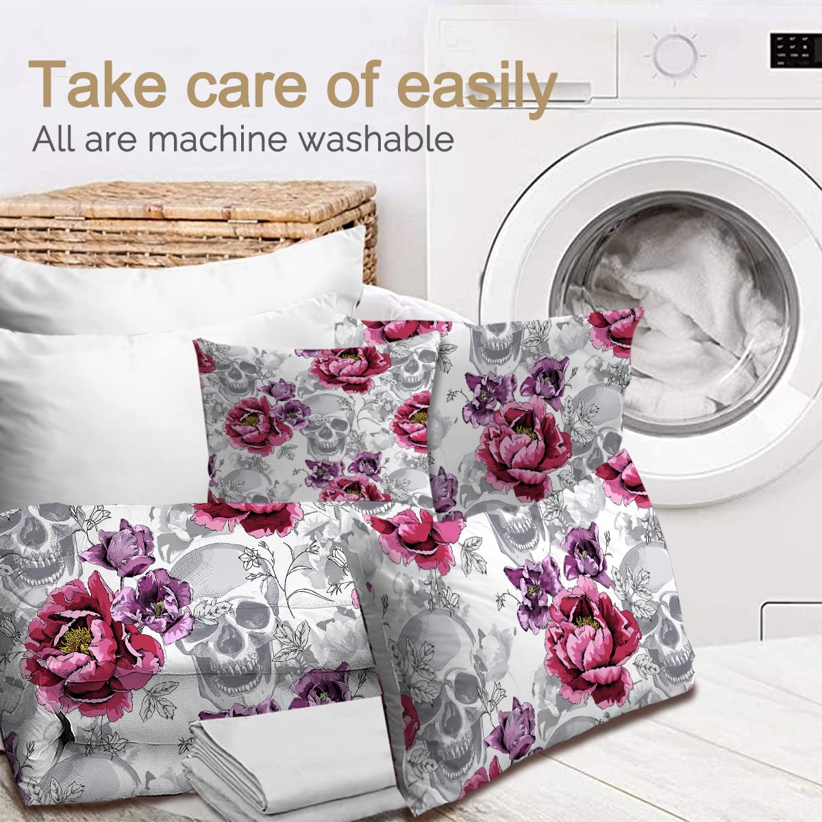 BlessLiving 8-Piece Full Size Sugar Skull Comforter Set - Rose Grey Gothic Bedding for Kids & Boys, All-Season Down Alternative Bed in a Bag with Sheets | Perfect for Halloween, Teen Bedrooms & Themed Decor