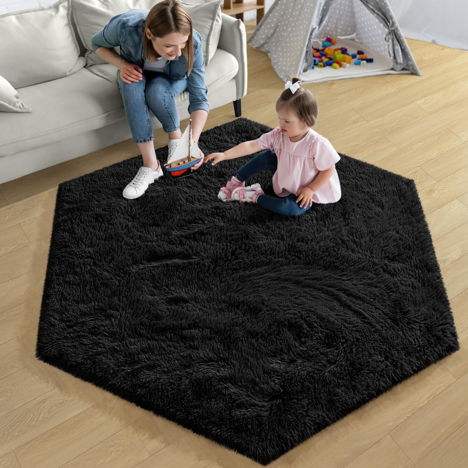 EVOIONOS Black Hexagon Fluffy Shag Rug - Ultra Soft Non-Slip Plush Area Rug for Bedroom, Kids Room & Dorm (4x4.6 Feet) - Perfect Cozy Floor Mat for Girls Room, Living Room Decor and Home Office