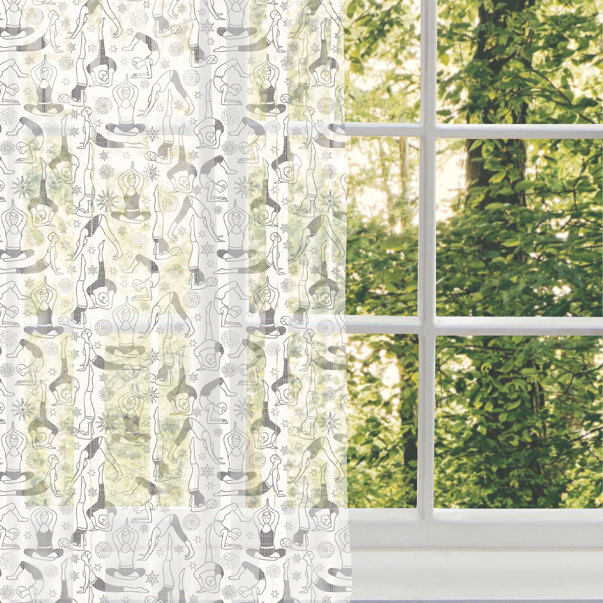 Ambesonne Yoga Tulle Curtains with Rod Pocket - Black & White Monochrome Eastern Technique Yoga Poses & Star Flower Motifs - 108