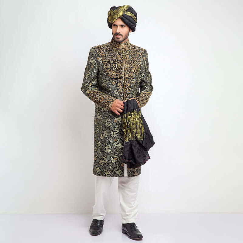 Deep Green Dragon Brocade Sherwani - Elegant Embroidered Men's Wedding Suit for Indian Groom | Perfect for Weddings, Festivals & Special Occasions