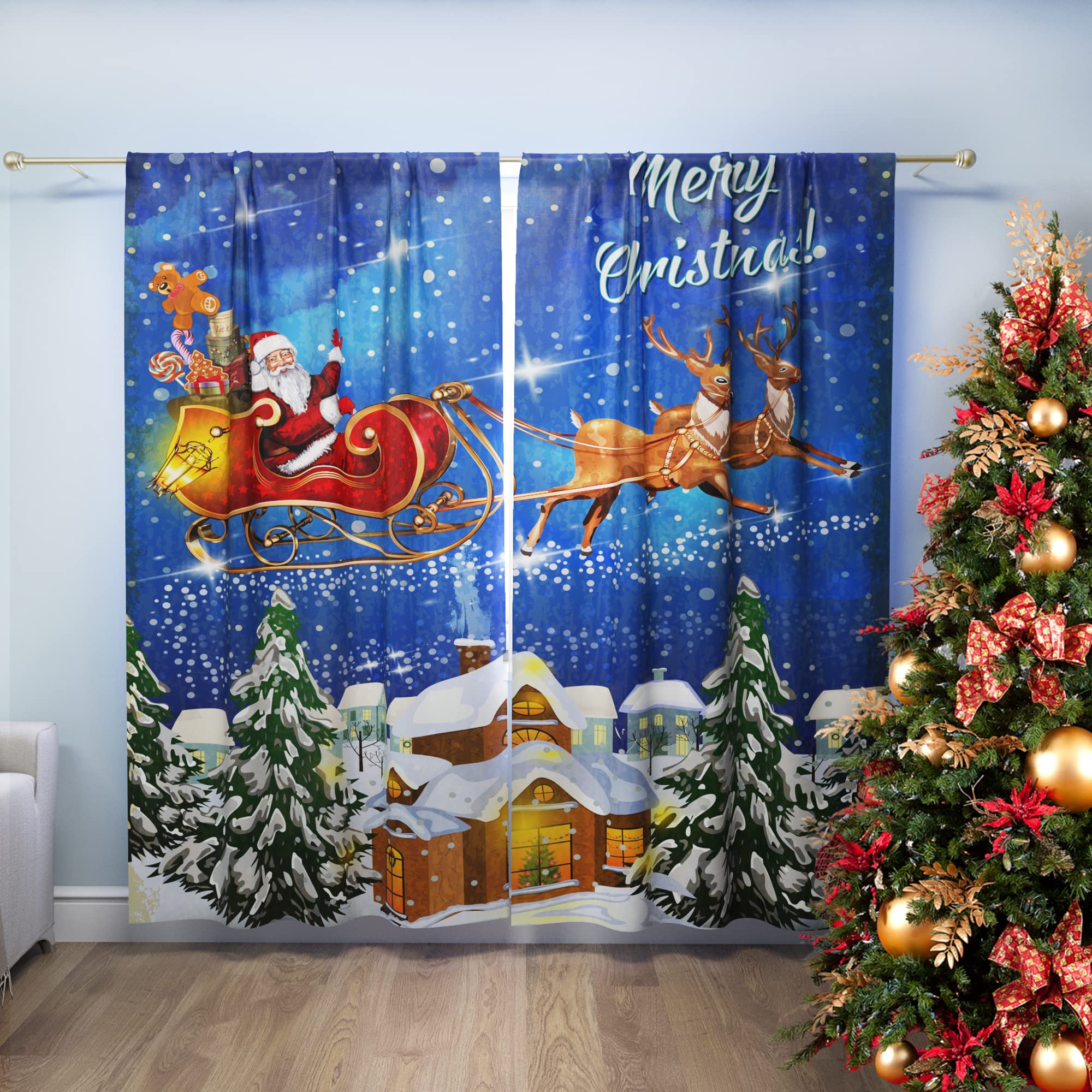 Royal Blue Christmas Curtains with Santa Claus Print - 84 Inch Length 2 Panel Set for Living Room, Bedroom, Kitchen & Kids Room - Winter Holiday Drapes for Cozy Home Decor & Festive Atmosphere