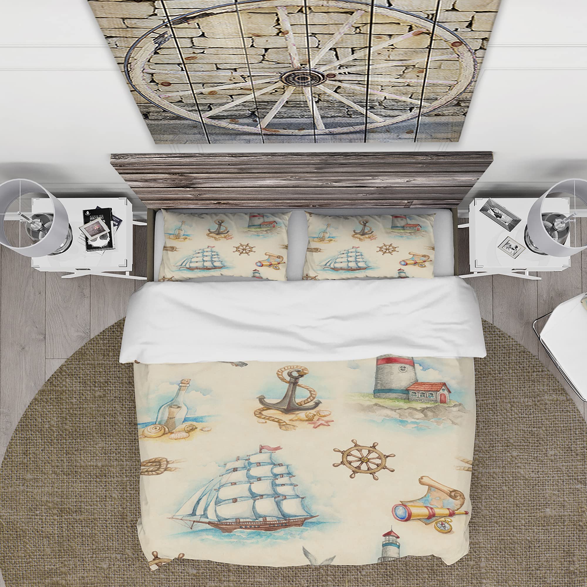 DesignQ Coastal Duvet Cover Set with Nautical Watch Tower, Binocular & Sailboat Print - Perfect for Beach House Bedroom Decor & Coastal Theme Home Styling
