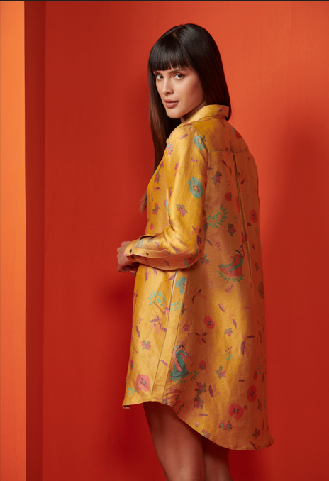 Oversized Silk Brocade Shirt in Mustard Yellow | Elegant Loose Fit Blouse for Women | Perfect for Casual Outings, Office Wear & Special Occasions