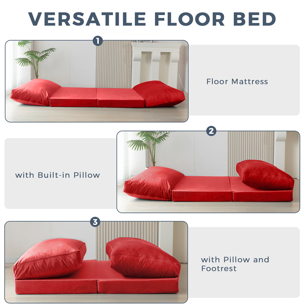 MAXYOYO Velvet Bean Bag Folding Sofa Bed - Washable Cover for Adults, Red | Comfortable Floor Seating for Living Room, Bedroom & Game Room
