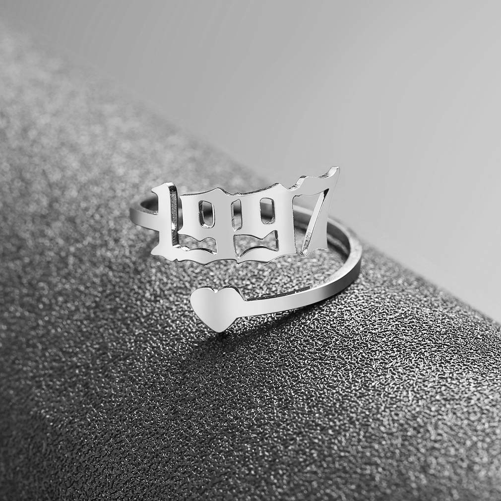 SKQIR Adjustable Initial Number Birth Year Ring for Women - Gold/Silver Stainless Steel Open Promise Ring, Engagement Wedding Band, Delicate Jewelry Gift for Girlfriend - Perfect for Anniversaries, Valentine's Day & Special Occasions