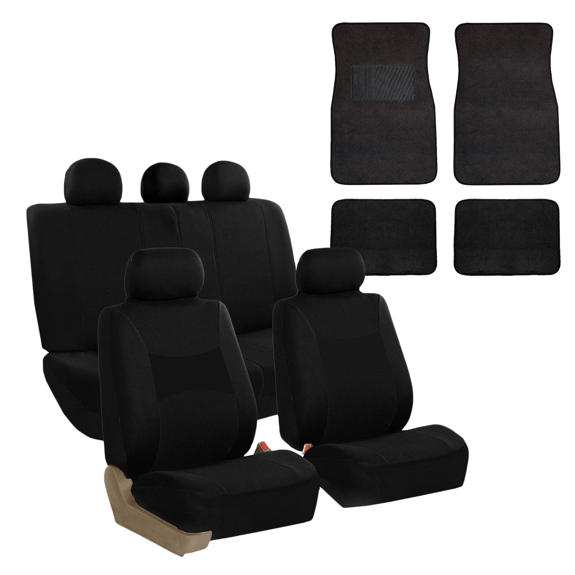 FH Group Light & Breezy Cloth Full Car Seat Covers with Carpet Floor Mats - Universal Fit for Cars, Trucks, SUVs & Vans (Black, Airbag & Split Ready) | Perfect for Road Trips, Daily Commutes & Family Travel