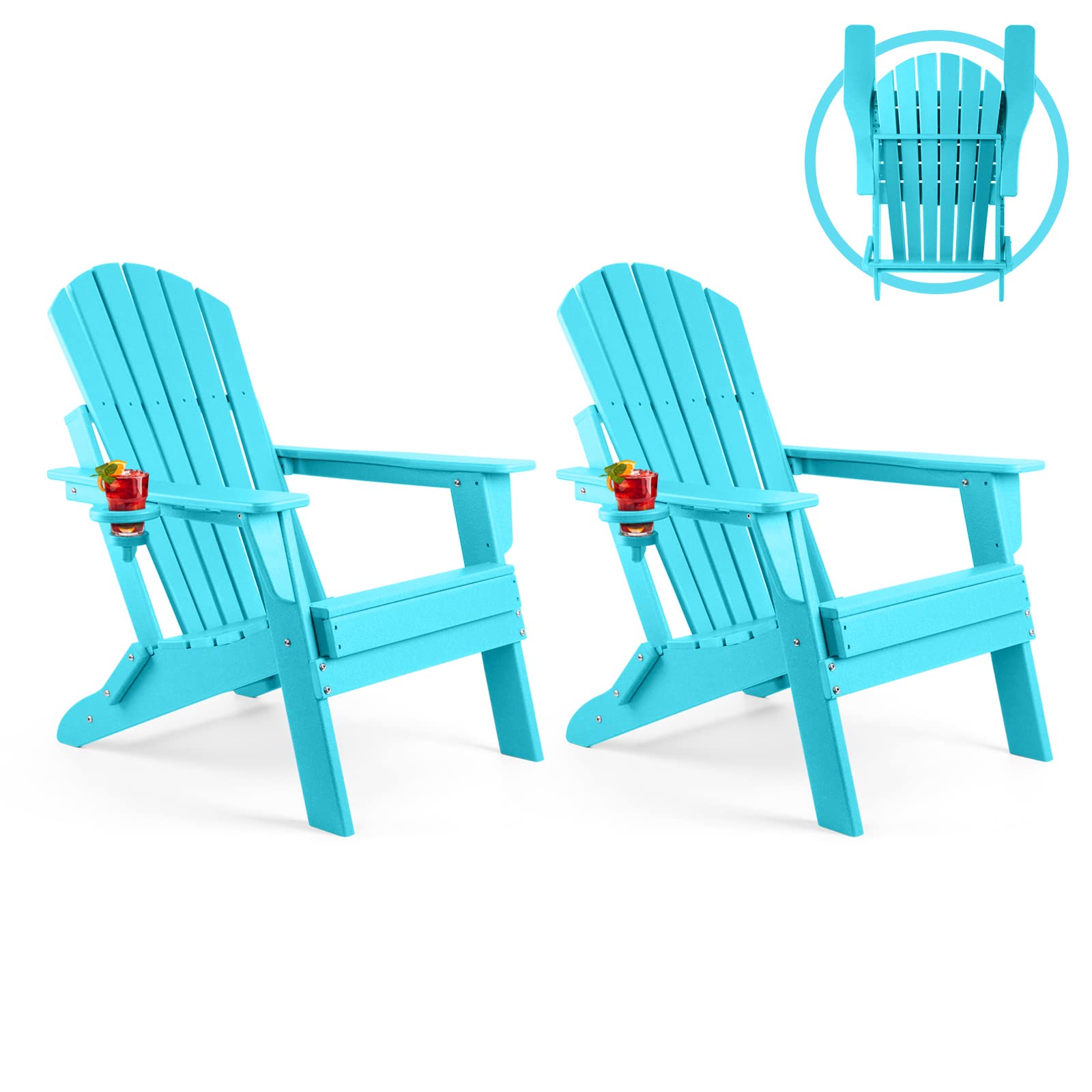 FUNBERRY 2-Pack Folding Adirondack Chairs - Heavy Duty HDPE All-Weather Outdoor Fire Pit Chairs with Cup Holders - Perfect for Patio, Backyard, Camping & Beach Relaxation