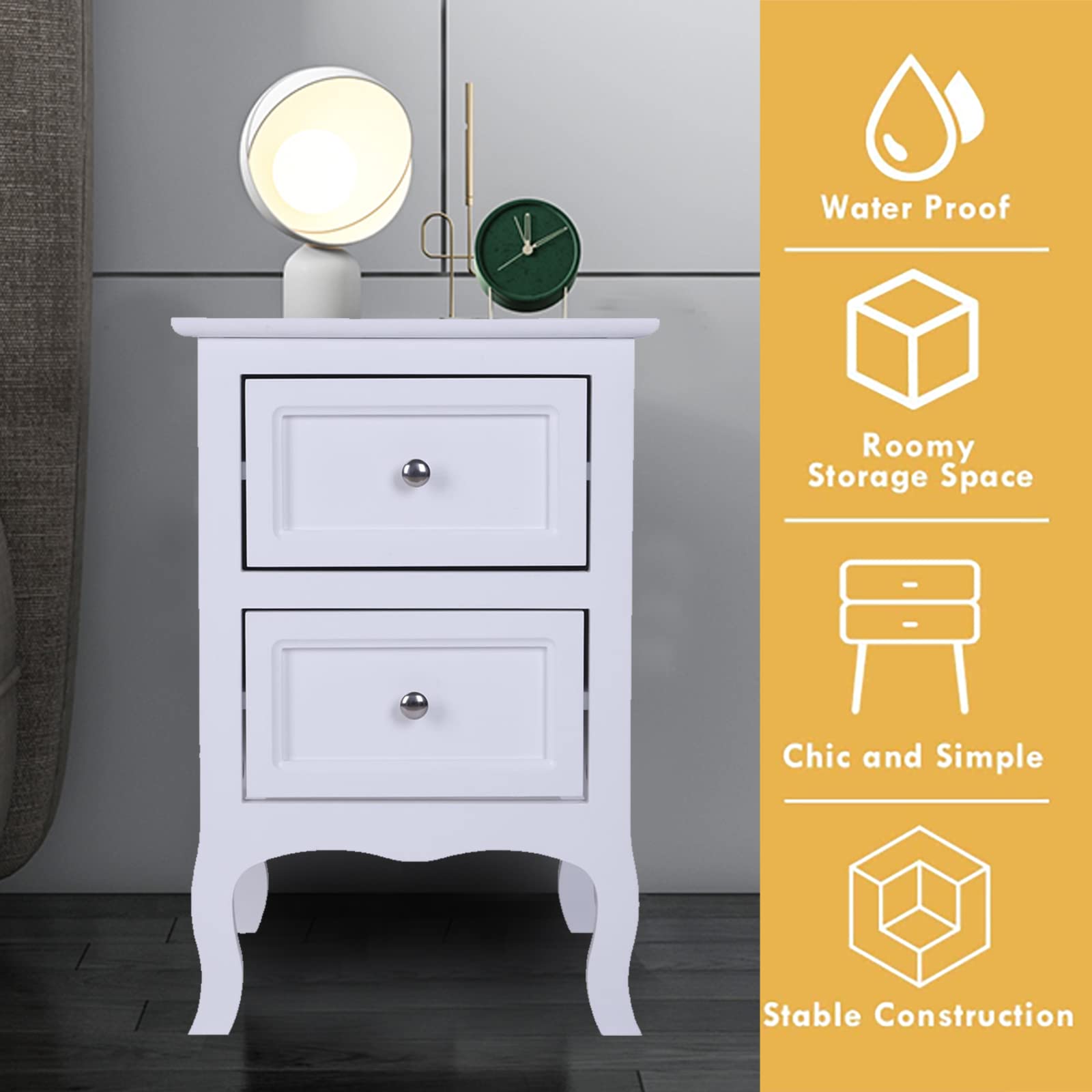 Mid Century Modern Nightstand with 2 Drawers & High Legs - Solid Wood Bedside Table for Bedroom, Living Room End Table, Office Side Table - White Home Furniture for Small Spaces & Apartment Decor