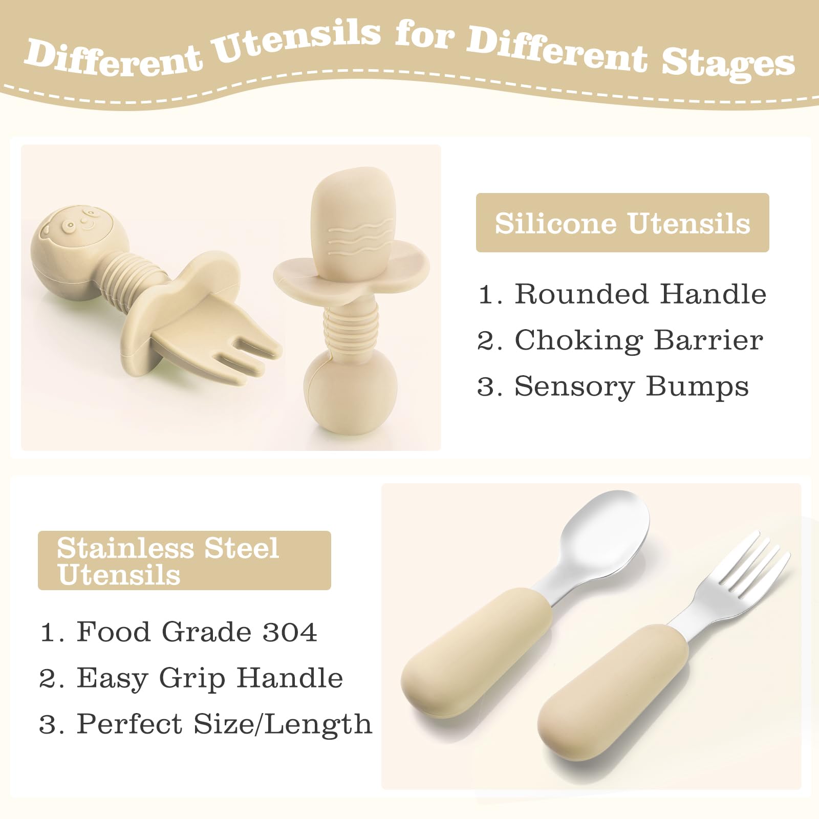 **Silicone Baby Feeding Set - Self Feeding Dish with Suction Bowl, Divided Plate, Spoons, Forks, Sippy Cup & Adjustable Bib - Toddler Weaning Supplies for 6+ Months (Beige) - Perfect for Baby-Led Weaning, Mess-Free Meals & Travel**