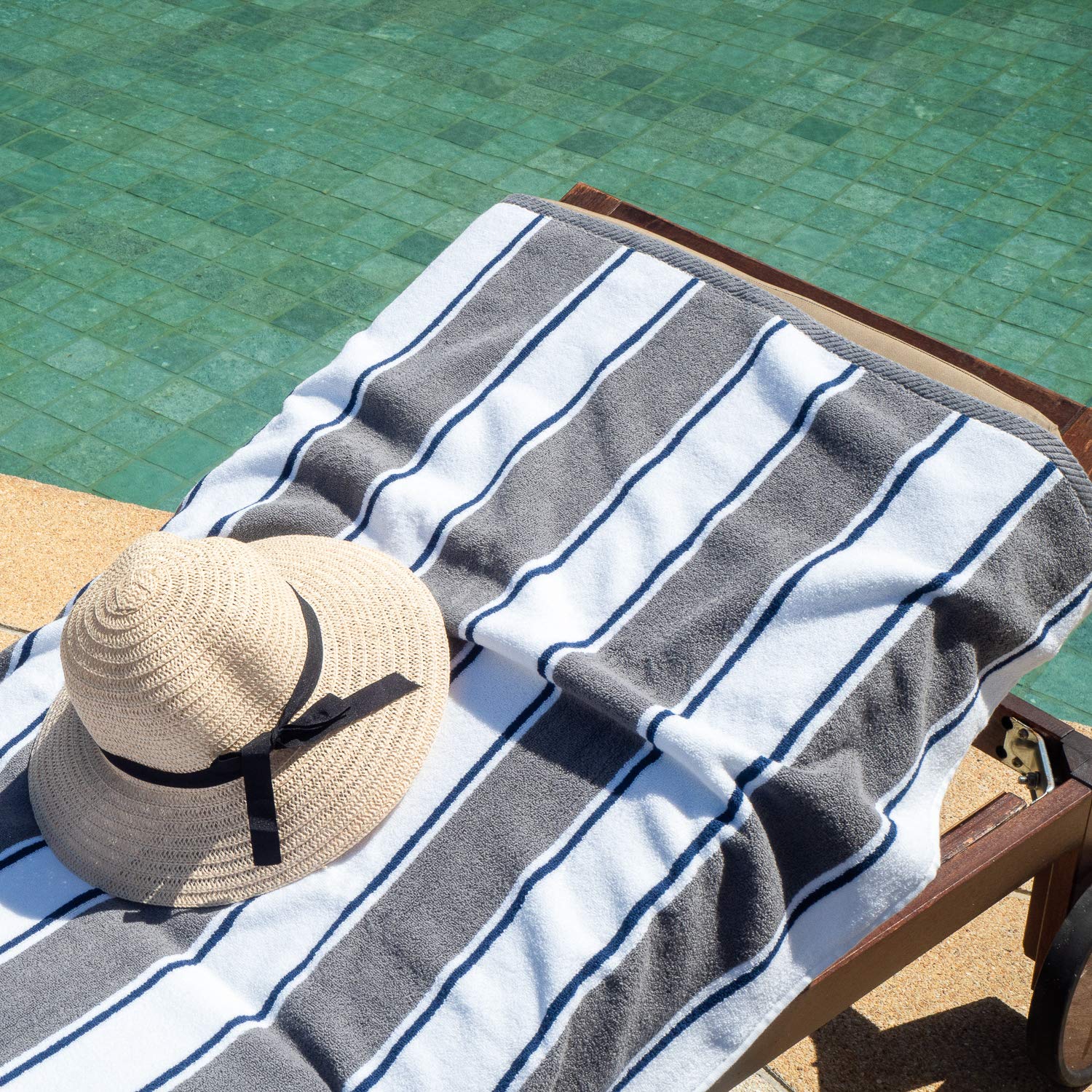 Aston & Arden Striped Beach Towel - Oversized 35x70 Inch Soft Plush Thick Cotton, 600 GSM Heavy & Luxury Bath Towel for Pool, Beach, Resort, Hot Tub, Gym, Yoga - Gray and Navy Blue - Perfect for Summer Vacation, Spa Days and Outdoor Activities