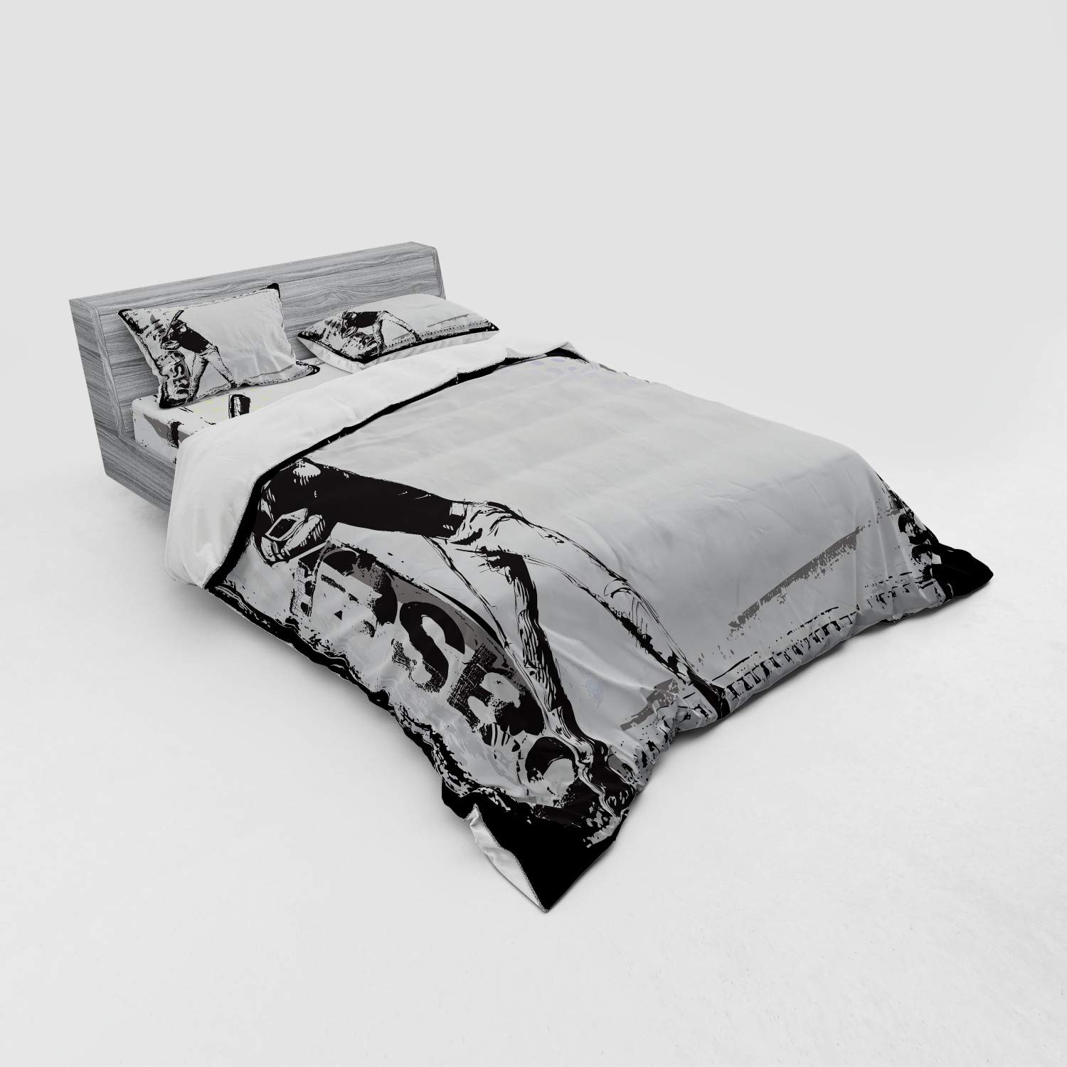 Ambesonne Baseball Bedding Set - 4 Piece Duvet Cover with Shams & Fitted Sheet, Queen Size, Black & White Baseball Theme, Hitter in Field Graphic - Perfect for Sports Fans Bedrooms, Game Rooms & Baseball Themed Decor