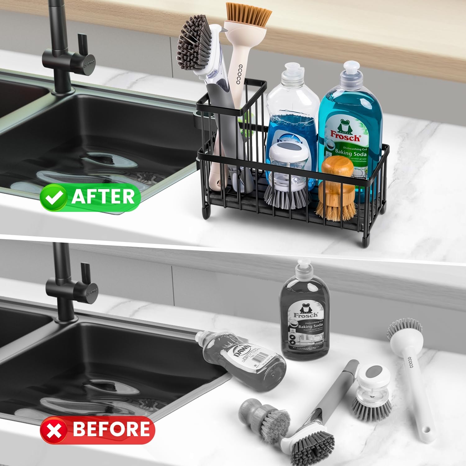 Wetheny Sponge Holder for Kitchen Sink - Sink Caddy with High Brush Holder & Quick-Dry Diatomaceous Earth Base - Countertop Soap Dispenser & Kitchen Organizer - Perfect for Dishwashing, Cleaning & Kitchen Storage Organization