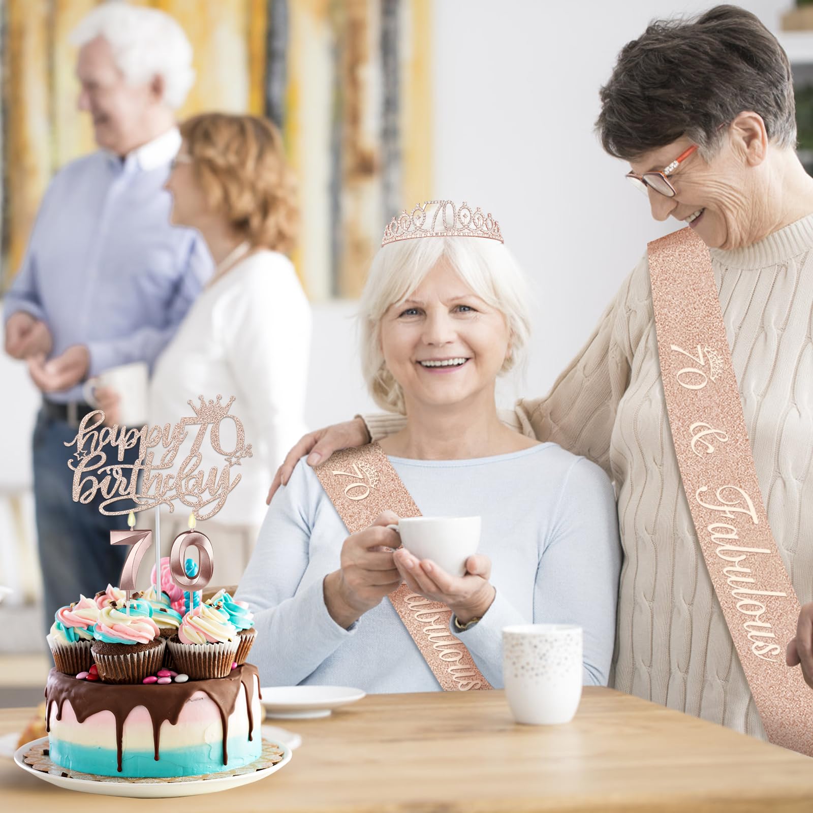 Elegant 70th Birthday Party Decorations for Women - Sash, Crown/Tiara, Candles & Cake Topper Set - Perfect 70th Birthday Gifts for Mom, Grandma - Great for Milestone Celebrations & Retirement Parties