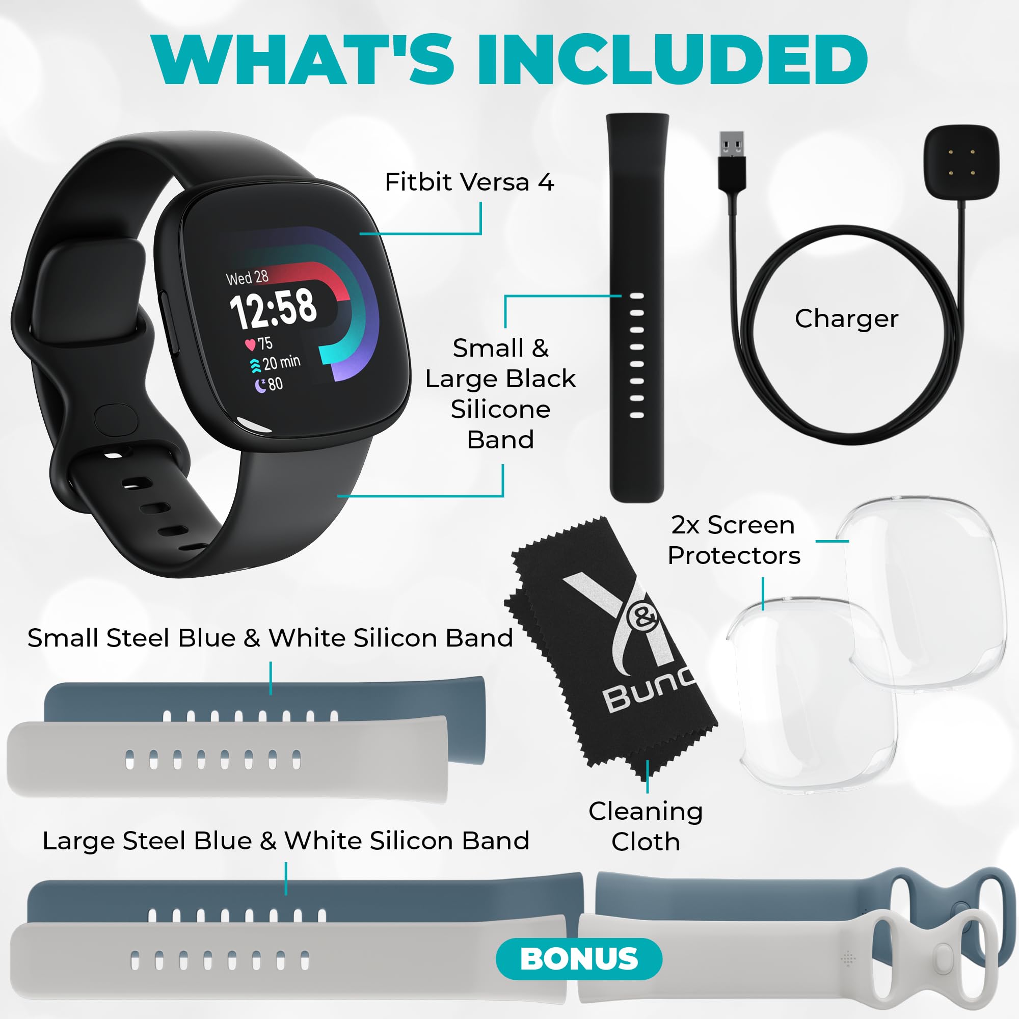 Fitbit Versa 4 Smart Watch (Black) with GPS, 6-Day Battery Life - Health & Fitness Tracker for Women & Men | Includes S & L Bands, Blue & White Replacement Bands, 2 Screen Protectors, Charger & Cleaning Cloth | Perfect for Running, Swimming & Daily Activity Tracking