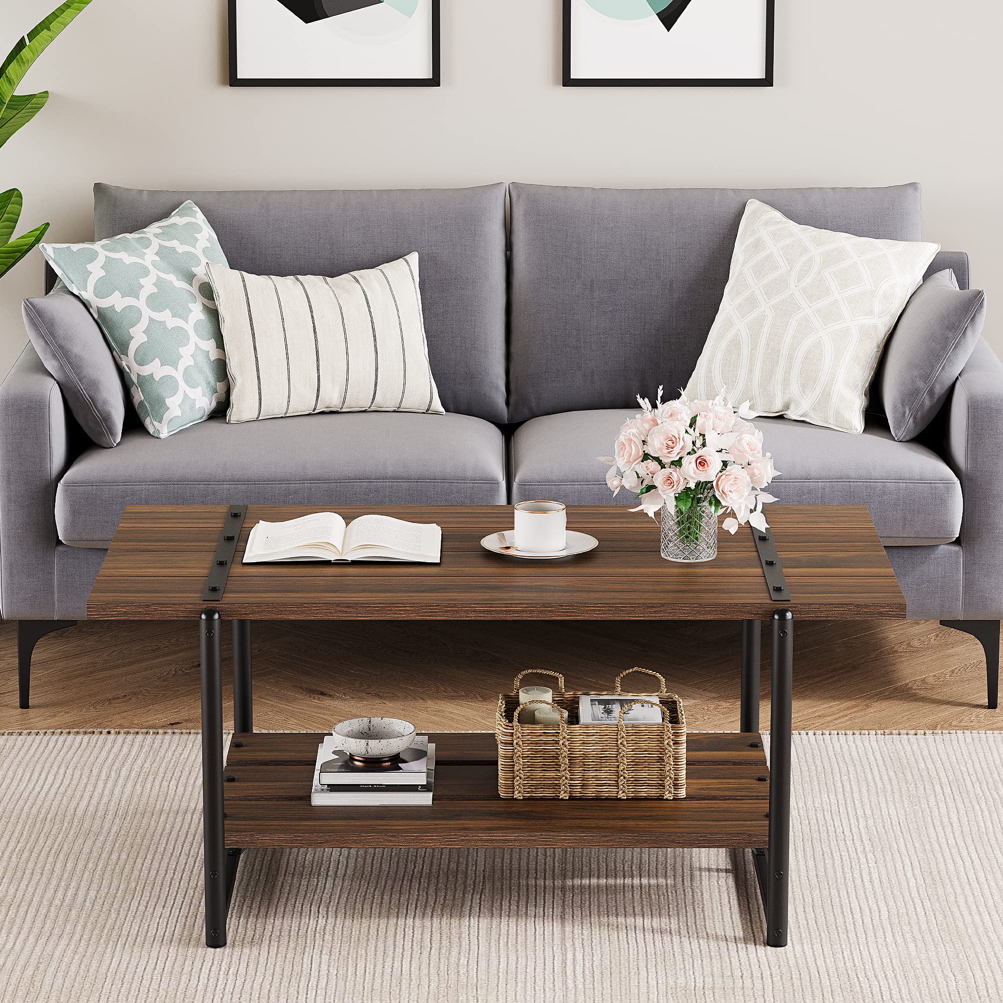 2-Tier Farmhouse 41'' Large Gray Wood Coffee Table with Storage Shelf - Modern Rustic Metal Rectangle Center Table for Living Room, Home Office - Easy Assembly (Walnut Brown) - Perfect for Small Spaces, Family Gatherings & Cozy Home Decor