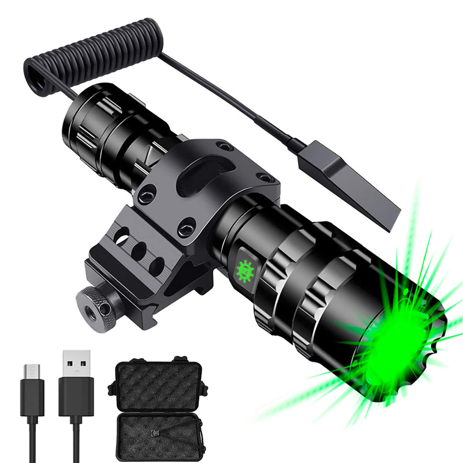 WINDFIRE 1200 Lumens Tactical Flashlight - Rechargeable Green LED Hunting Light with 5 Modes, Picatinny Rail Mount & Pressure Switch - Perfect for Hog, Coyote & Predator Hunting, Night Fishing, Camping & Emergency Situations