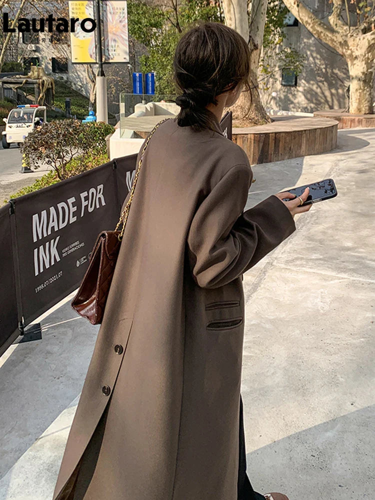 Women's Autumn Long Coffee Flowy Blazer Coat - Double Breasted Loose Casual Korean Fashion Overcoat with High Back Slit | Perfect for Office Wear, Date Nights & Fall Layering 2024