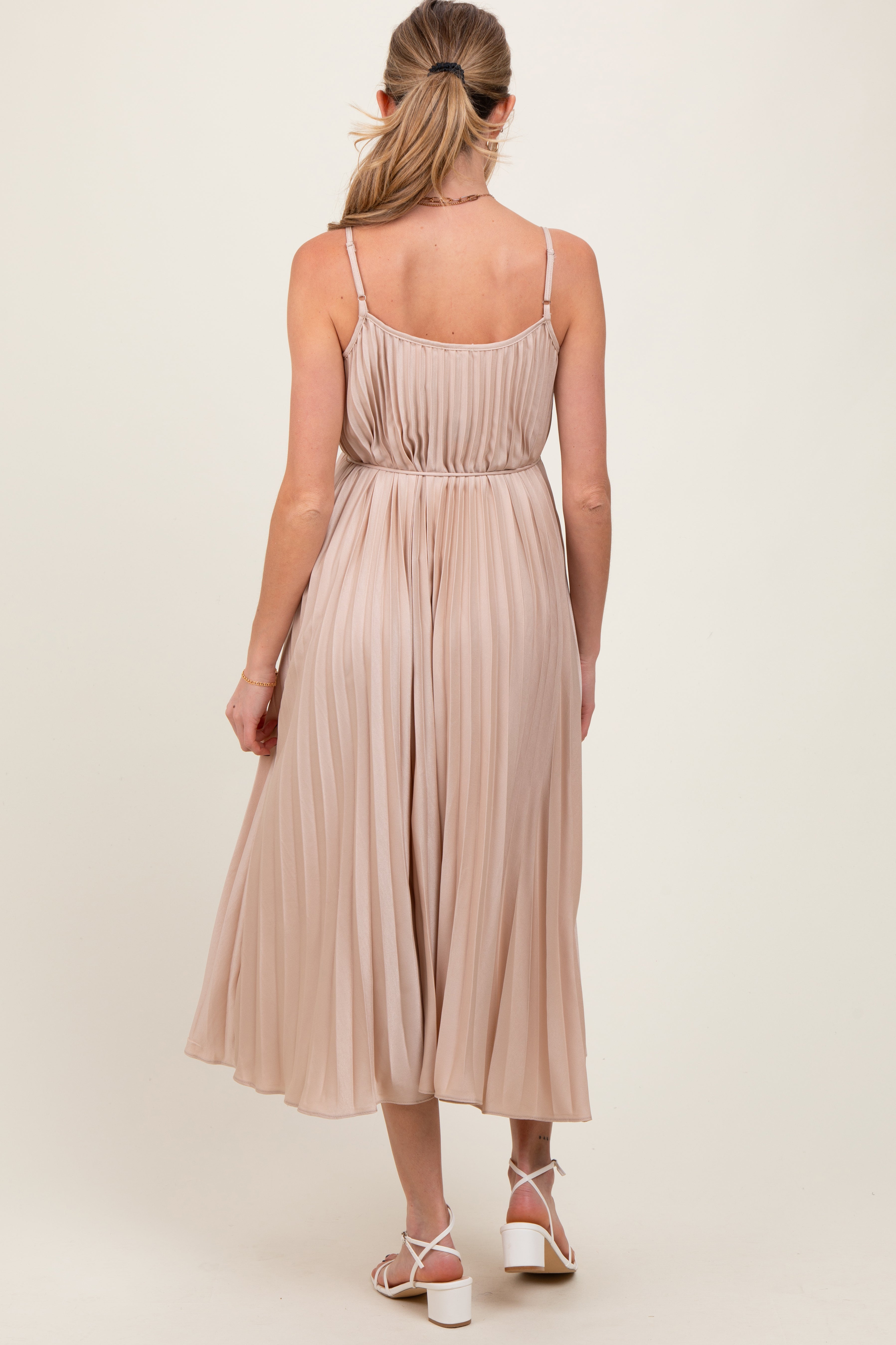 Beige Pleated Sash Tie Maternity Midi Dress for Pregnancy - Comfortable Stretchy Flowy Dress for Baby Shower, Maternity Photos & Special Occasions