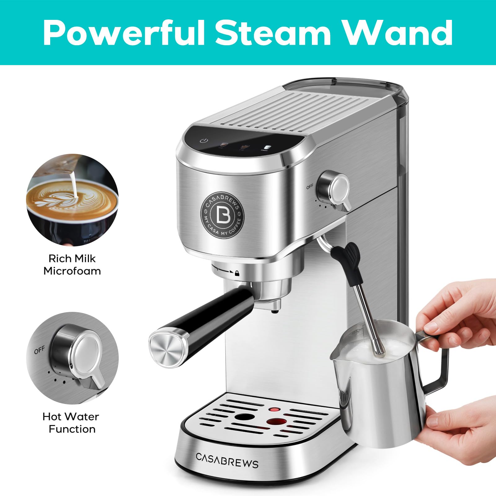 CASABREWS 20 Bar Professional Espresso Machine with Milk Frother - Compact Stainless Steel Cappuccino & Latte Maker - 34oz Removable Water Tank & Touchscreen (Silver) - Perfect for Home Baristas & Coffee Lovers
