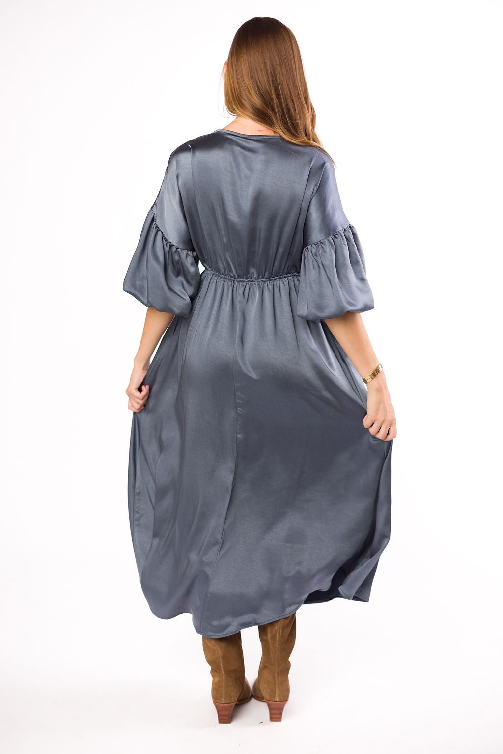 Hunter Premium Satin Midi Dress in Blue Granite - Bump Friendly Maternity Dress for Special Occasions & Evening Events