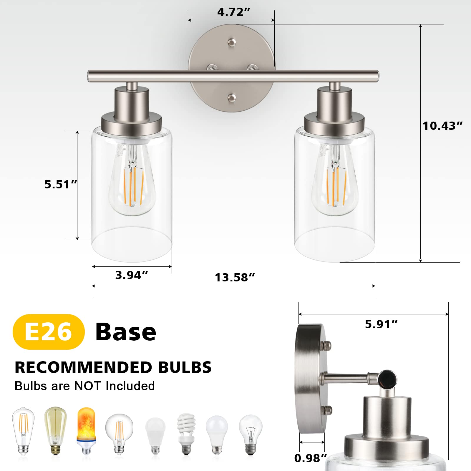 Unicozin 2-Light Brushed Nickel Vanity Wall Sconce with Clear Glass Shade - Bathroom Mirror Lighting Fixture for Bedroom, Living Room, Hallway - E26 Base (Bulbs Not Included) - Perfect for Makeup Vanity, Dressing Room & Home Decor
