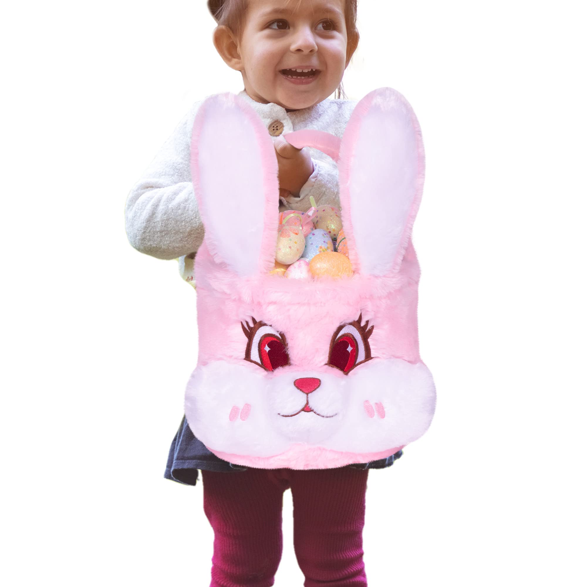 Easter Bunny Plush Basket for Kids - 3D Cute Foldable Ears Basket with Handle for Egg Hunt, Candy Storage & Easter Decor - Perfect Gift for Boys, Girls & Teens (Pink) - Great for Easter Parties, Spring Celebrations & Holiday Decorations