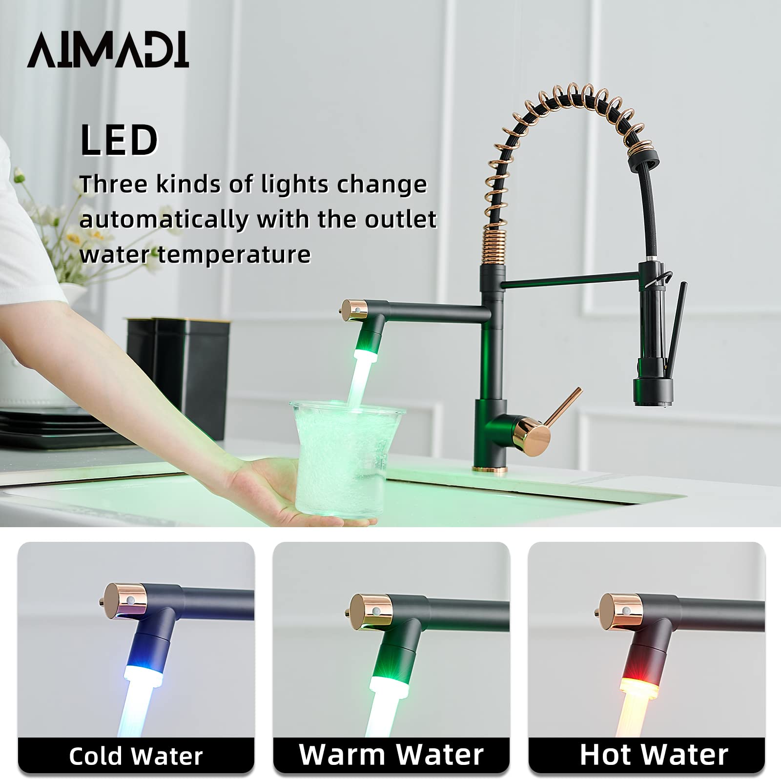 AIMADI Matte Black Commercial Kitchen Faucet - Single Handle Pull Down Sprayer with Spring Rose Gold Accent | Perfect for Restaurants, Home Kitchens & Bar Sinks