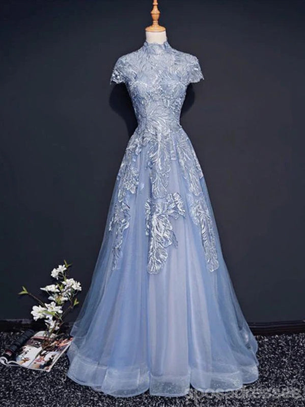 Elegant High Neck Short Sleeve Dusty Blue Long Prom Dress for Evening Parties - Formal Gown for Homecoming, Ball & Special Occasions