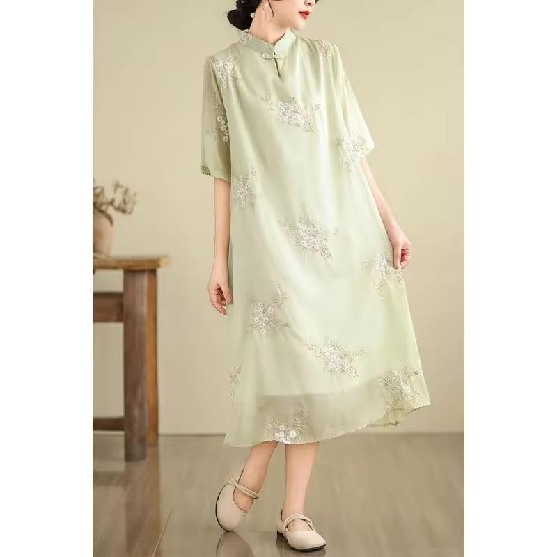 JYHBHMZG Women's Embroidered Linen Summer Dress - Chinese Style Stand Collar Long Sleeve Ethnic Maxi Dress for Casual Wear, Vacation & Cultural Events
