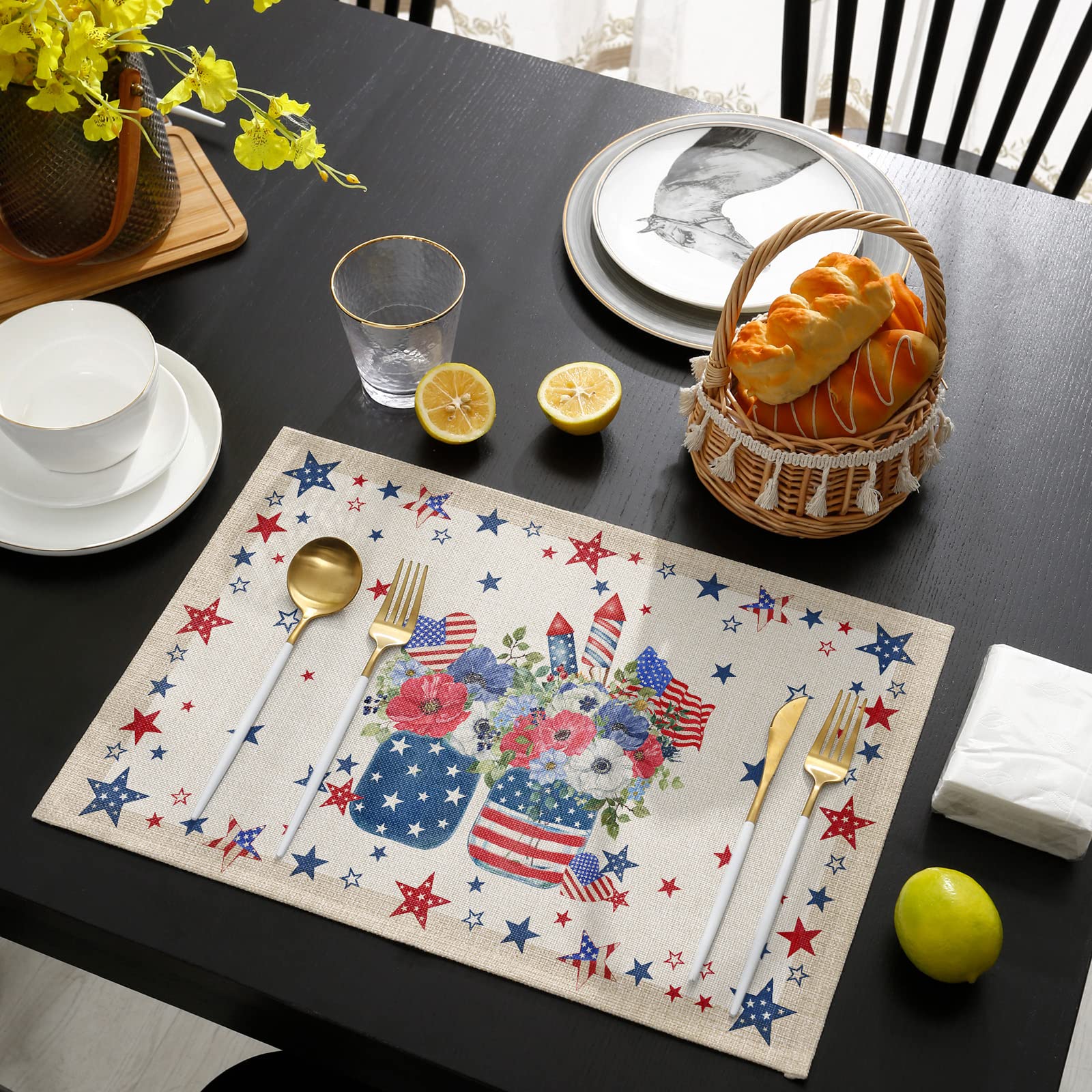 4th of July Placemats Set of 4 - Patriotic Red White & Blue Cotton Linen Heat-Resistant Table Mats for Holiday Dining, Kitchen Decor - Perfect for Independence Day Parties, BBQs & Family Gatherings