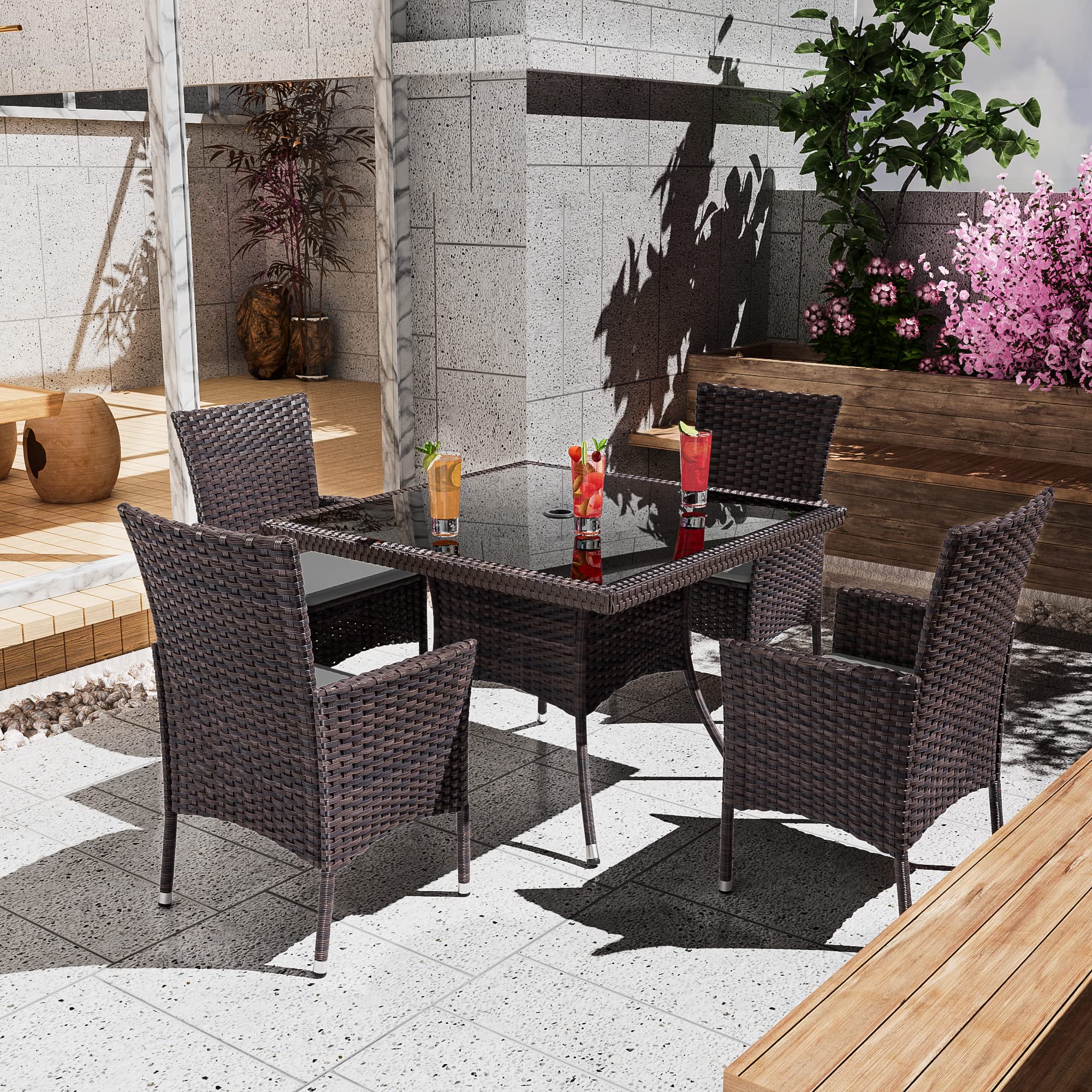 5-Piece Rattan Wicker Dining Set for 4 with Glass Top Table & Umbrella Hole - Indoor Outdoor Patio Furniture for Backyard, Garden, Poolside & Kitchen (Gray) - Perfect for Al Fresco Dining & Entertaining