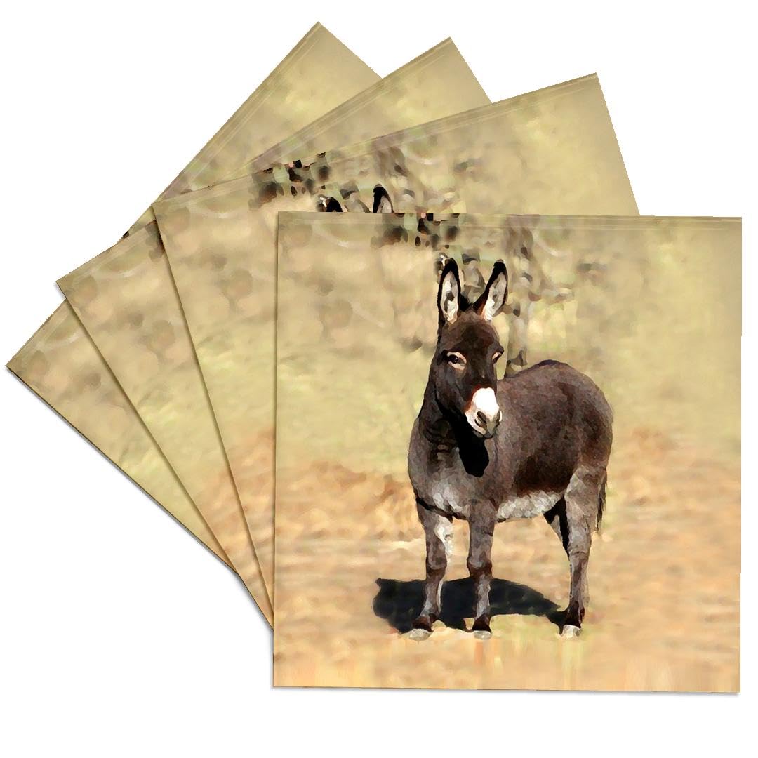 3Drose Miniature Donkey Ceramic Tile Coasters - Set of 4, Absorbent & Durable Drink Coasters for Coffee, Tea, Wine - Perfect for Home, Office, or Gift Giving
