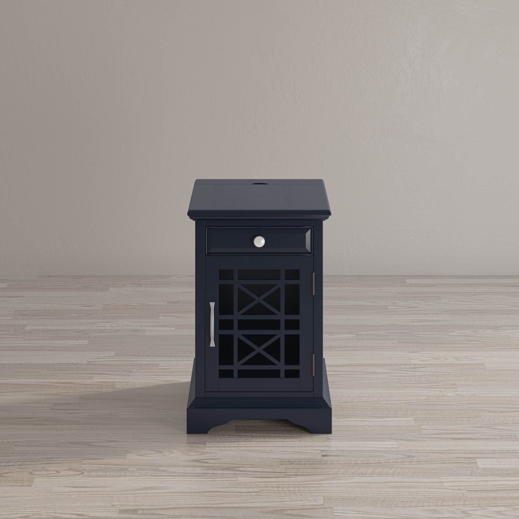 Farmhouse Style USB Charging Station End Table with Glass Door & Storage - Nightstand for Bedroom, Living Room, Office - Navy Wooden Side Table for Phone & Device Organization
