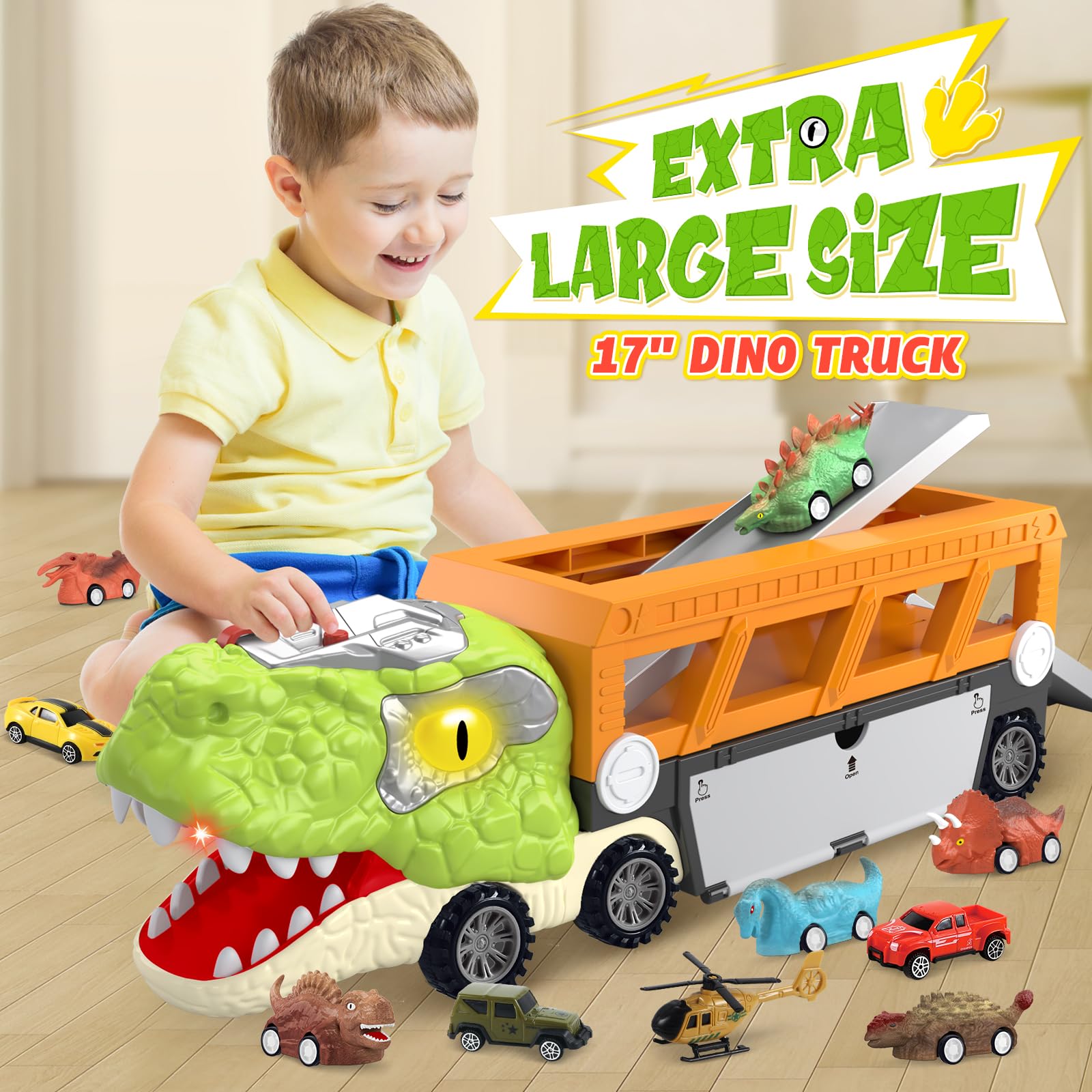 SpringFlower 11-in-1 Dinosaur Toy Truck Set with 10 Pull Back Cars - Interactive Light & Sound Dinosaur Toys for Kids Ages 3-5 - Perfect Birthday Gift for Toddler Boys - Great for Pretend Play, Outdoor Adventures & Learning About Dinosaurs