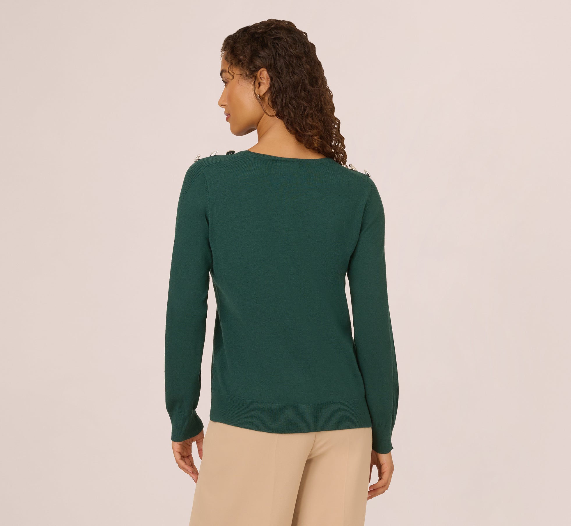 Ribbed Detail Embellished Pullover Sweater for Women - Deep Forest Green Knit Top | Cozy Winter Fashion, Casual Outfit & Holiday Party Wear